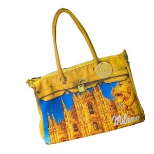 NWOT Robin Ruth 3D Purse Milano Design Yellow Gold Blue Tote Bag Straps Zipper
